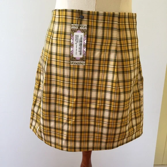 BOOHOO womens 10 checked mustard yellow twee plaid mini pockets retro vibe NEW - Picture 4 of 12